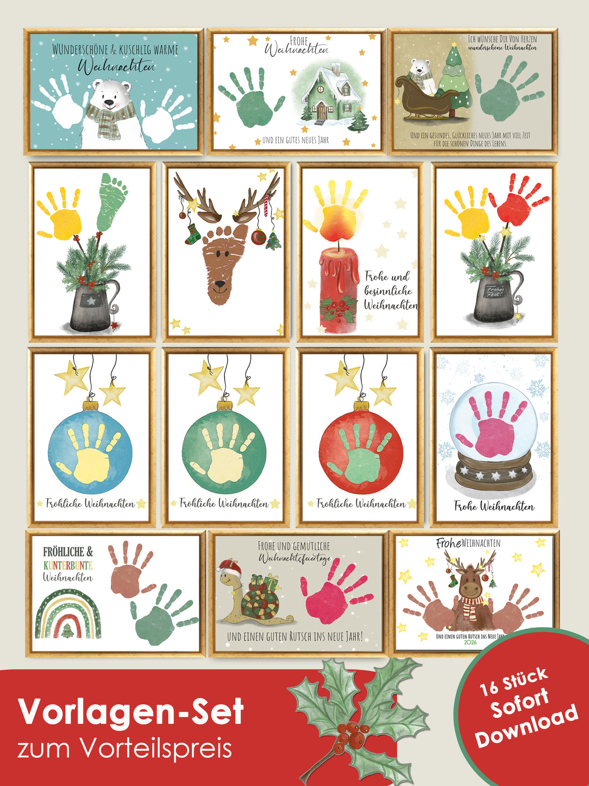 Druckvorlage mit weihnachtlichen Motiven für einen persönlichen Handabdruck oder Fußabdruck vom Baby. Als originelle Geschenkidee zu Weihnachten an die Großeltern
