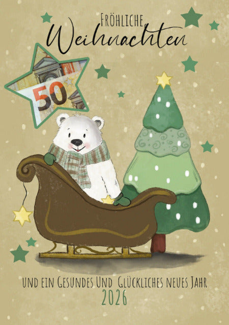 Geldgeschenk als Download Vorlage zum ausdrucken mit einem Eisbär zu Weihnachten