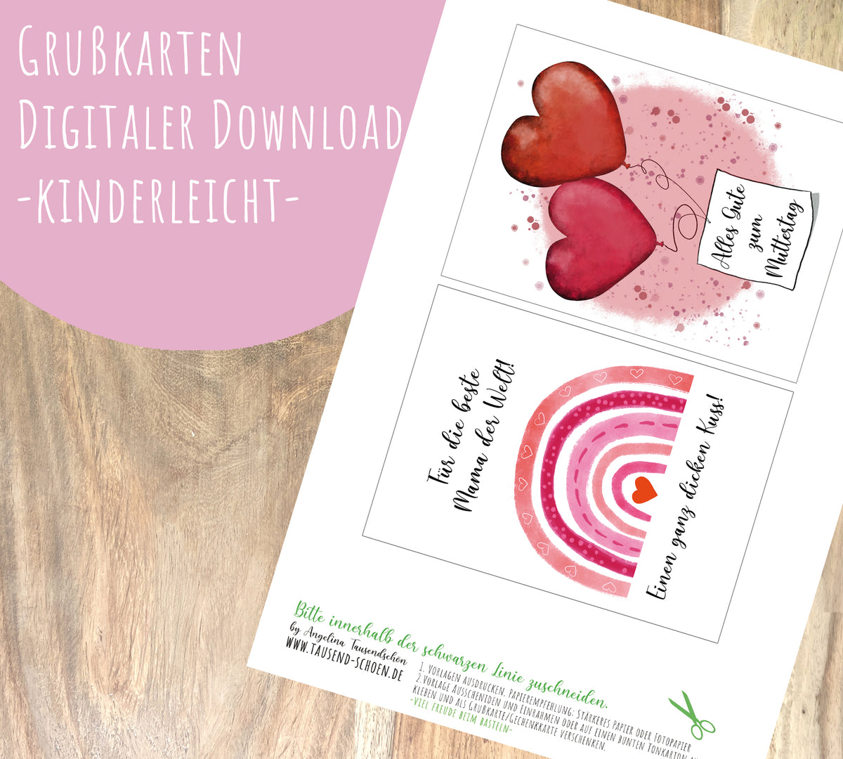 Herziger Download Gruß zum Muttertag, Handabdruck, Grußkarten Vorlagen DIY, 4 tlg.