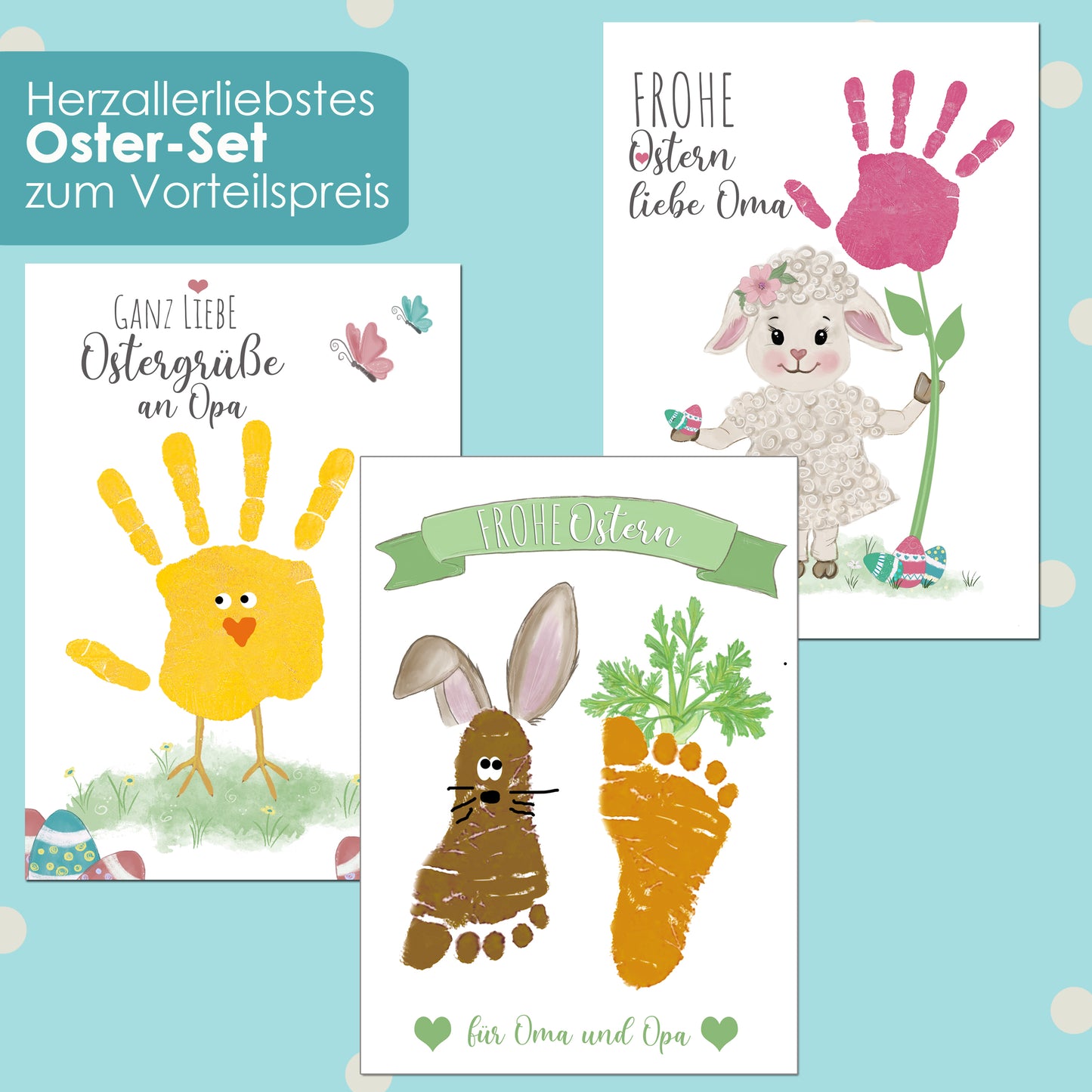 Handabdruck Ostern für Oma und Opa, Fußabdruck Osterhasen Küken Lamm, Osterlamm, Download vorlage für Fingerprint mit Fingerfarben