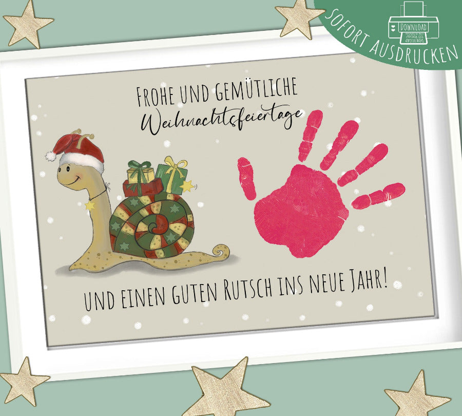 Weihnachtskarte als Handabdruck Druckvorlage. Schnecke mit aquarell illustriert von Angelina Tausendschön