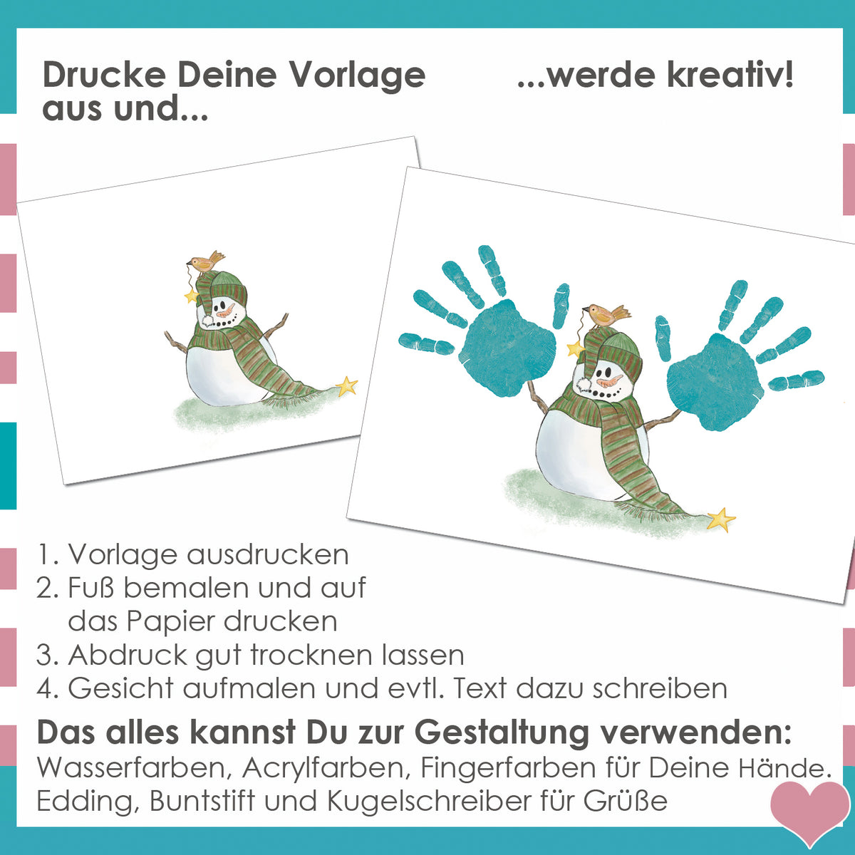 Schneemann Handabdruck für Kind und Baby als Diy Bastelidee zu Weihnachten