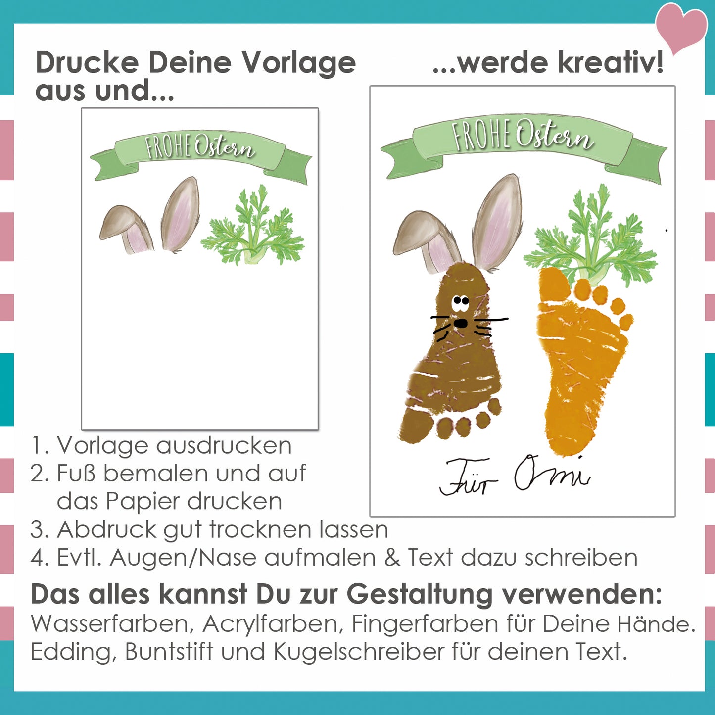 Frohe Ostern, Ostergruß Diy Vorlage ausdrucken, Osterkarte Baby Kind selbermachen, Grußkarte zu Ostern mit Handabdruck und Fußabdruck