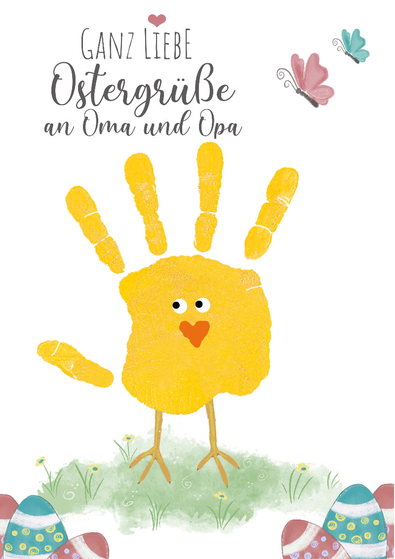 Bastelidee Handabdruck Großeltern, Motiv Küken zu Ostern, Geschenkidee an Oma und Opa, Fußabdruck Möhre, Karotte, Mohrrübe, ausdrucken DIY Abdruck Hand und Fuß
