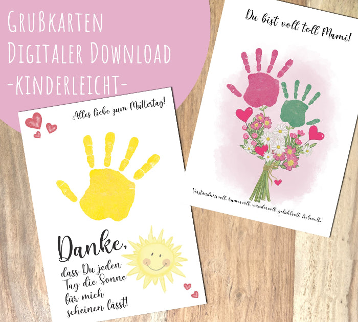Handabdruck Grußkarte und Glückwünsche zum Muttertag. Abdruck Hand mit Fingerfarben, Vorlage zum Downloaden und ausdrucken. Eine originelle Geschenkidee für den ersten Muttertag vom Säugling, Baby.