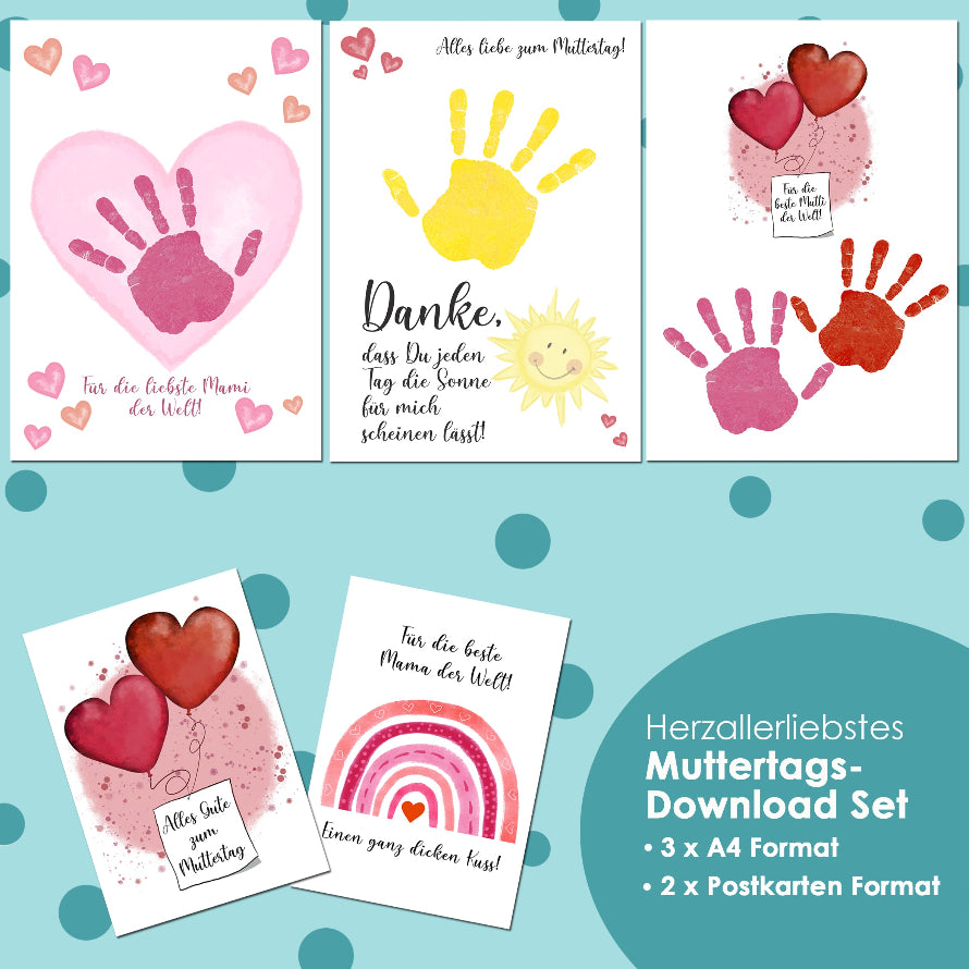 Handabdruck mit Grußkarte als Muttertagsgeschenk. Zum ersten Muttertag eine originelle Geschenkidee. Ein Abdruck von Baby Hand. Danke Mama.
Abdruck Hand mit Fingerfarben. Gratis Download