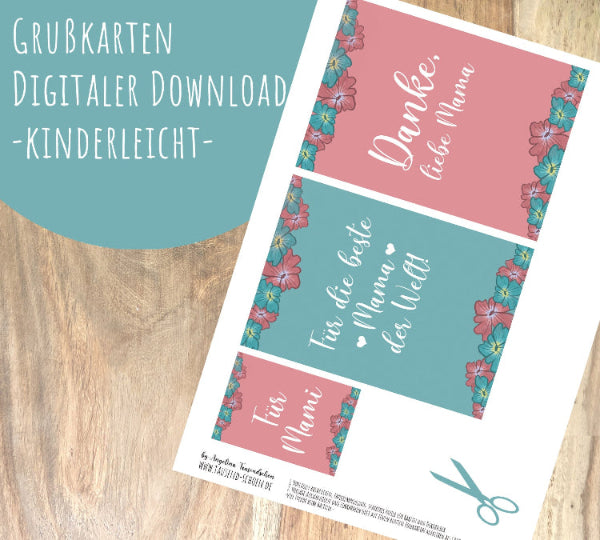Grußkarte mit Blumen Motiv, Geschenkkarte, Kärtchen für Geschenk zum Muttertag, originelles Blumenmotiv handgemalt by Angelina Tausendschön. DIY Vorlage zum herunterladen, ausdrucken und verschenken