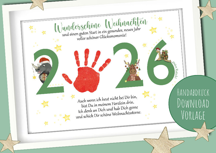 Dieser liebevolle Weihnachtsgruß wird mit einem Handabdruck vom Baby oder Kind bedruckt und an die Großeltern verschenkt. Illustration von Angelina Tausendschön