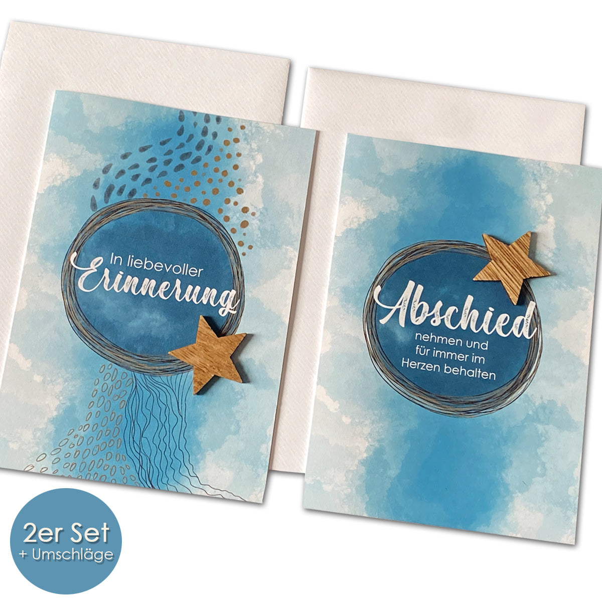 Trauerkarte mit Holzstern | 2er Set Beileidskarte mit Umschlag – Motiv abstrakt