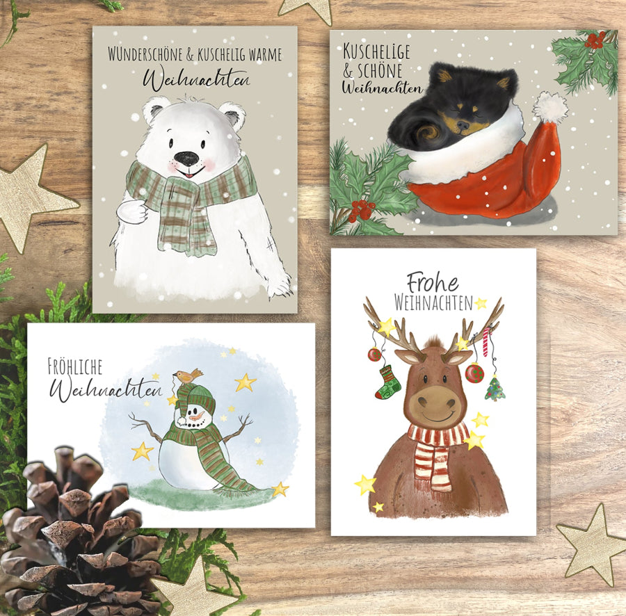 Weihnachtsgruß Hund Bär Rentrier Schneemann