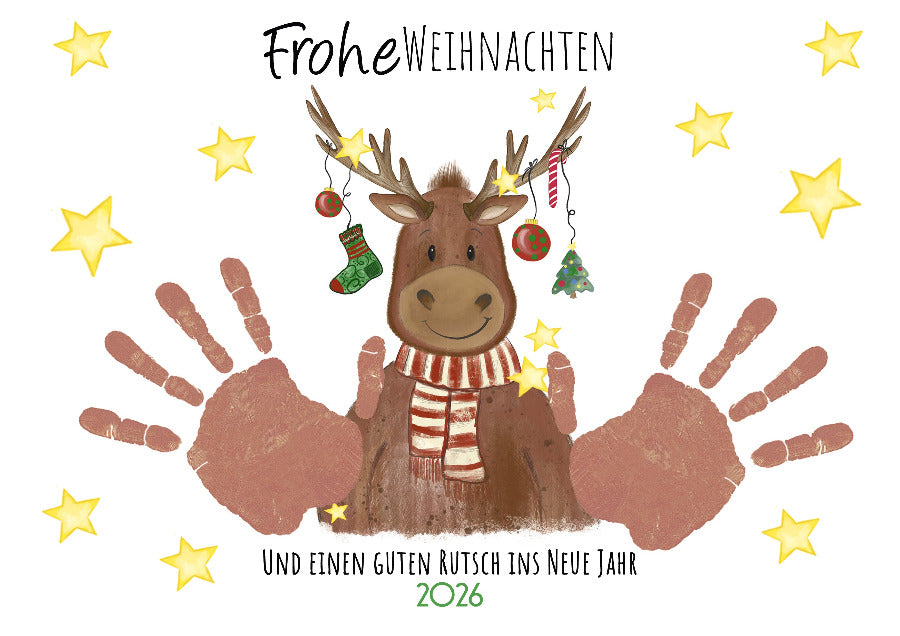 Das lustige Rentier Hammel. Die Illustration wurde von Angelina Tausendschön mit viel Freude von Hand mit Aquarellfarbe, Wasserfarbe und Acrylfarbe gezeichnet.