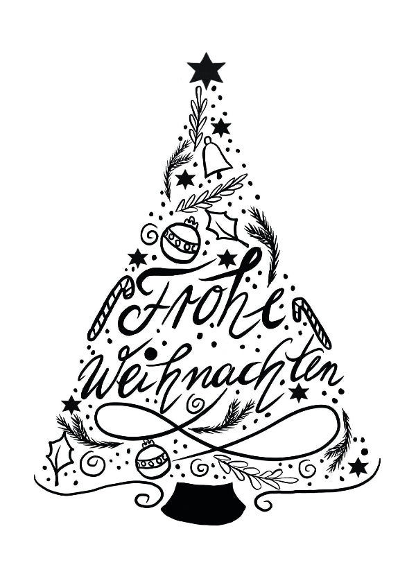Weihnachten Grußkarte Tannenbaum Kalligraphie. Schöne Schwarz Weiß Karte als Geschenkanhänger oder Postkarte
