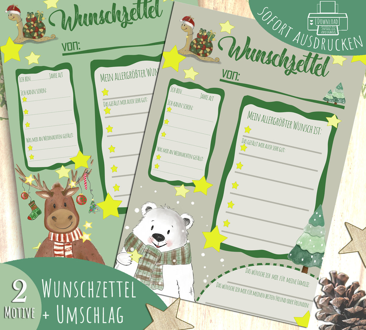 Wunschzettel + Briefumschlag zu Weihnachten, 2er Set,Digitaler Download PDF
