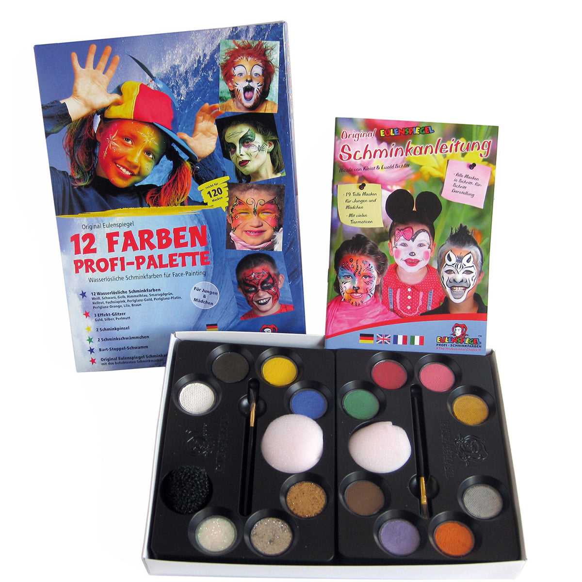 Eulenspiegel Kinderschminke, Schminkfarben günstig, billig mit Schwamm, Schminkanleitung, Farben und Glitzer. Kinderschminken mit 12 Farben Profi-Palette von Eulenspiegel