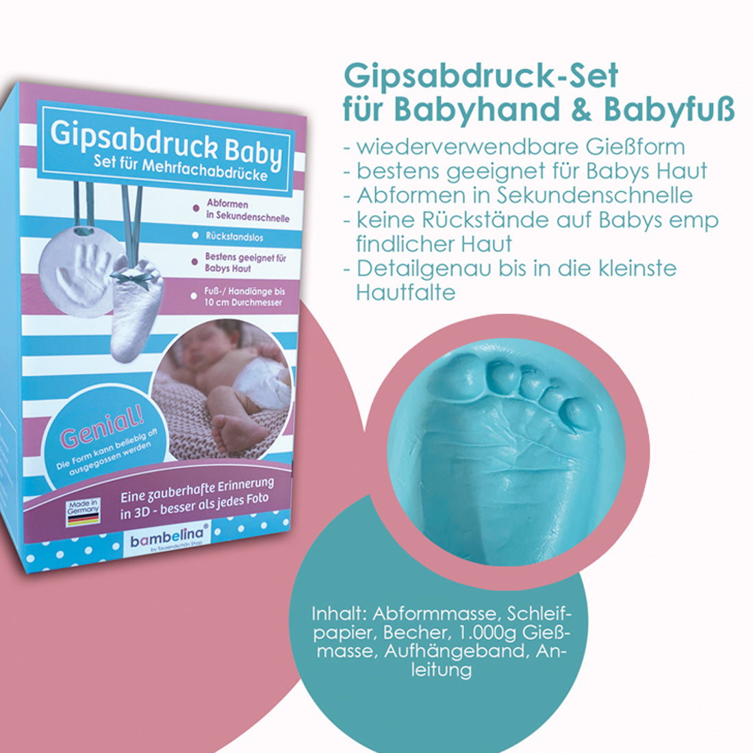 Handabdruck Set für Mehrfachabdrücke von Säugling/ Babys Hand und Fuß bis 12 cm