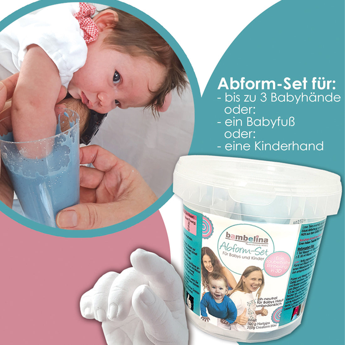 3D Gipsabdruck Set für Handabdruck und Fußabdruck von Baby und Kind.
