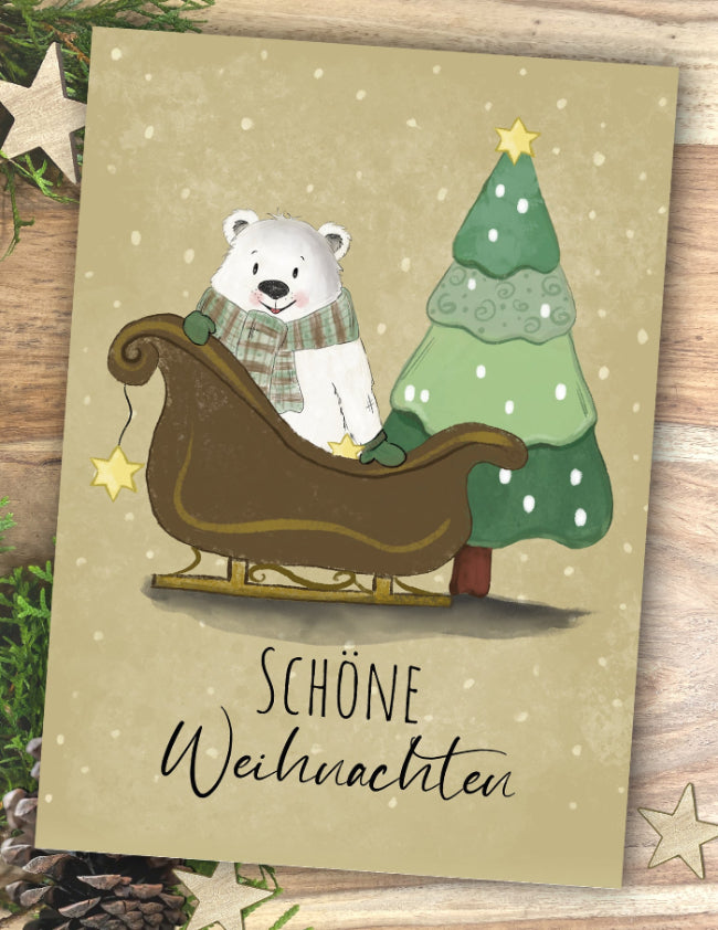 Grußkarte Weihnachten Eisbär Motiv, lustiger Polarbär, Illustration by angelina tausendschön. Frohe Weihnachten Karte. Weihnachtsgruß lustig, Kind