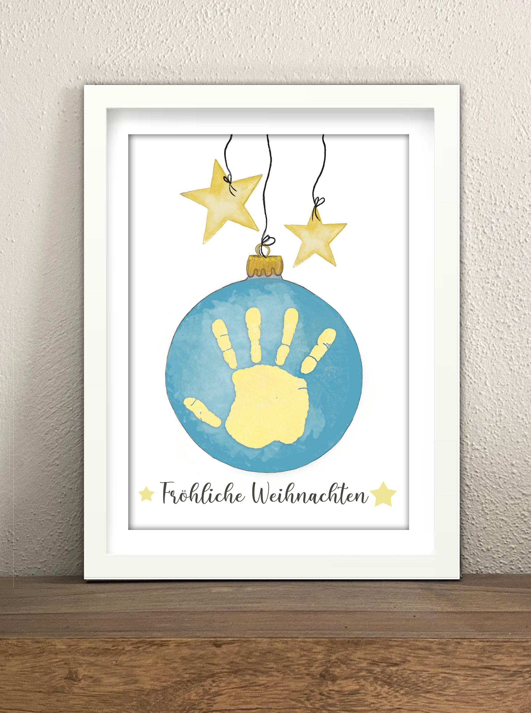 Weihnachtsgeschenk selber machen und ausdrucken für Handabdruck mit Fingerfarben vom Kind oder Baby 
