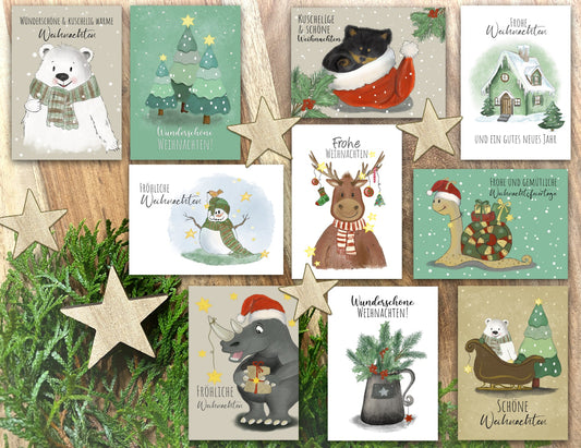 Weihnachtskarten bunt Kinder Motiv. Lustige Grußkarten Geschenkanhänger zu Weihnachten. Motiv wie Eisbär, Elch, Rentier, Nilpferd, Lebkuchenhaus, Schneemann, Weihnachtsschnecke