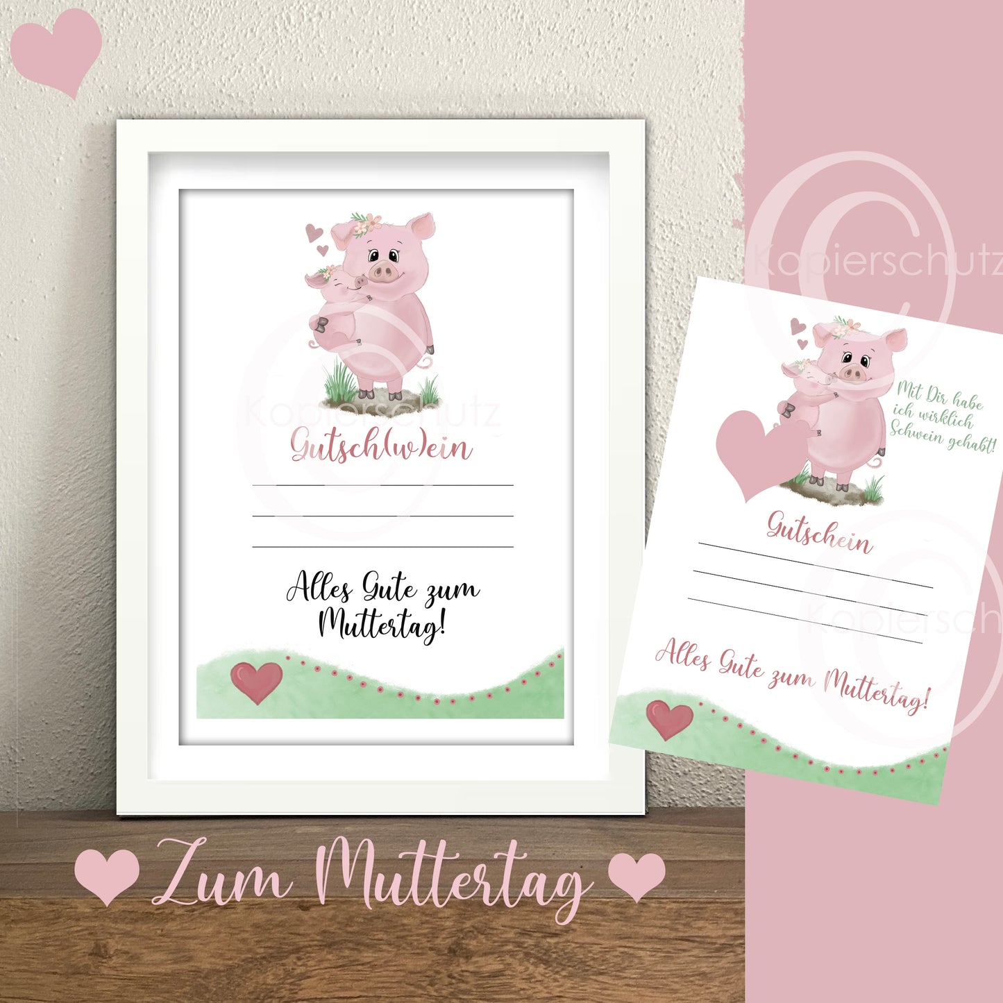 Alles Gute zum Muttertag mit originellem Motiv Schwein, Ferkel und Sau. Download Set mit Gutschein Grußkarte, Postkarte, Zitat, Zeit statt Zeug. Kinogutschein, Friseurgutschein, Frühstücksgutschein