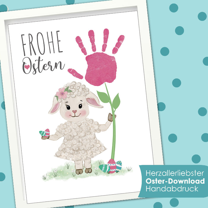 Download Handabdruck Vorlage mit Motiv Schaf Osterlamm. Eine Diy Geschenkidee zu Ostern für Großeltern, Oma und Opa