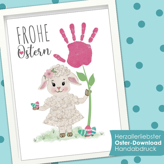 Download Handabdruck Vorlage mit Motiv Schaf Osterlamm. Eine Diy Geschenkidee zu Ostern für Großeltern, Oma und Opa
