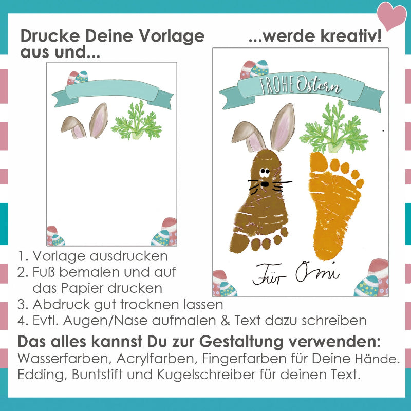 Vorher Nachher Handabdruck, Fußabdruck Ostern, Fingerfarben Vorlage für Baby und Kind Hand und Fuß