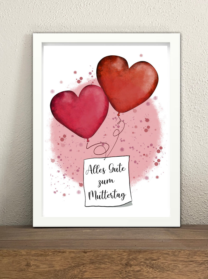 Dekoration Muttertag, Frühstückstisch. Herz als Geschenk für die beste Mami, Oma und Freundin. Bilderrahmen mit Muttertagsgeschenk als Download Vorlage.