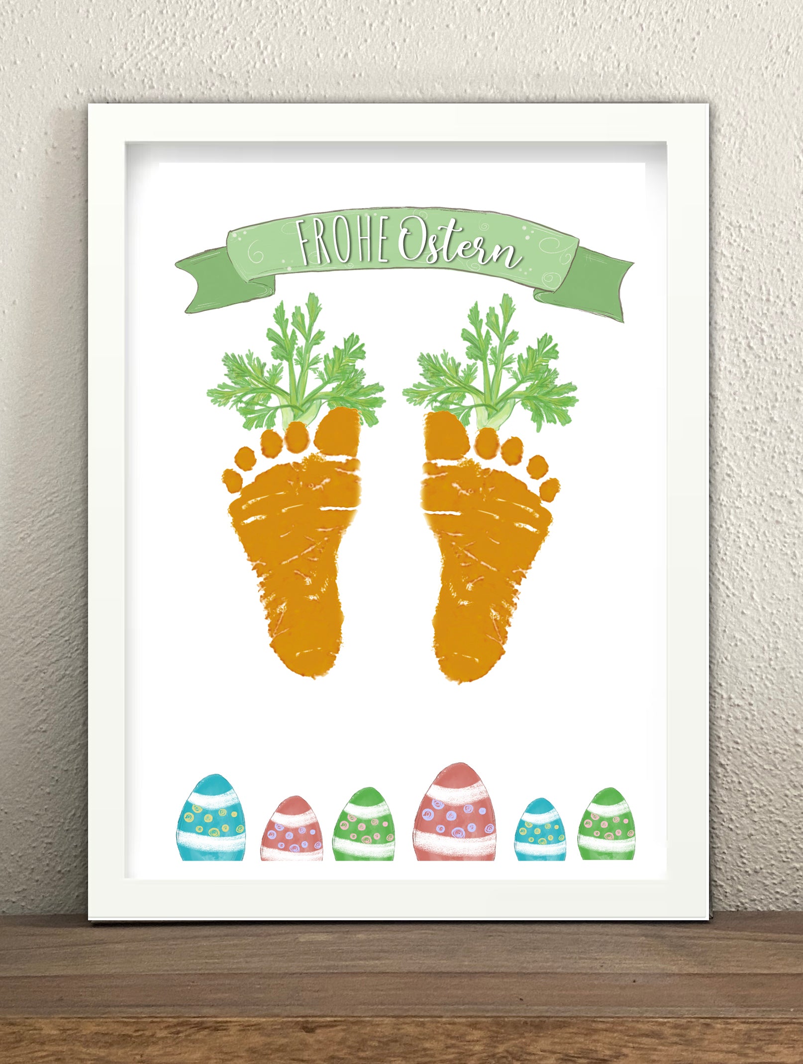 Kartotten Fußabdruck Ostern, Baby Fuß und Hand mit Fingerfarben bemalen und auf Vorlage aufdrucken, Geschenkidee für Mama und Papa zu Ostern, Bastelidee an Oma und Opa, Download kostenlos, günstig, bambelina, Tausendschön Shop