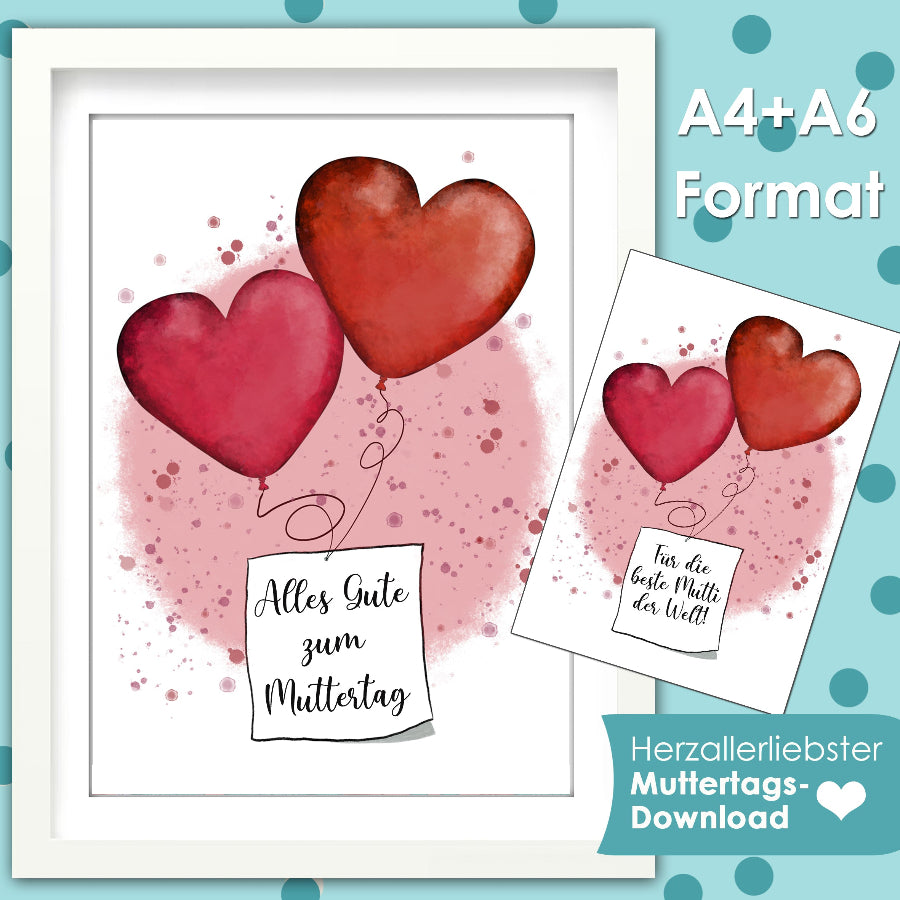 Gruß Muttertag mit Herz, Illustration vom Künstler angelina tausendschön. Diy Download Handabdruck als Geschenk für Mama, Mutti , Mutter. Liebst Mama Grußkarte und Postkarte