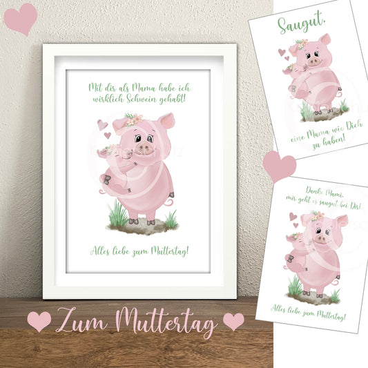 Geschenkidee zum Muttertag für eine saugute Mama, mit Motiv Schwein, Sau, Ferkel als PDF Download mit Gutschein und Postkarte