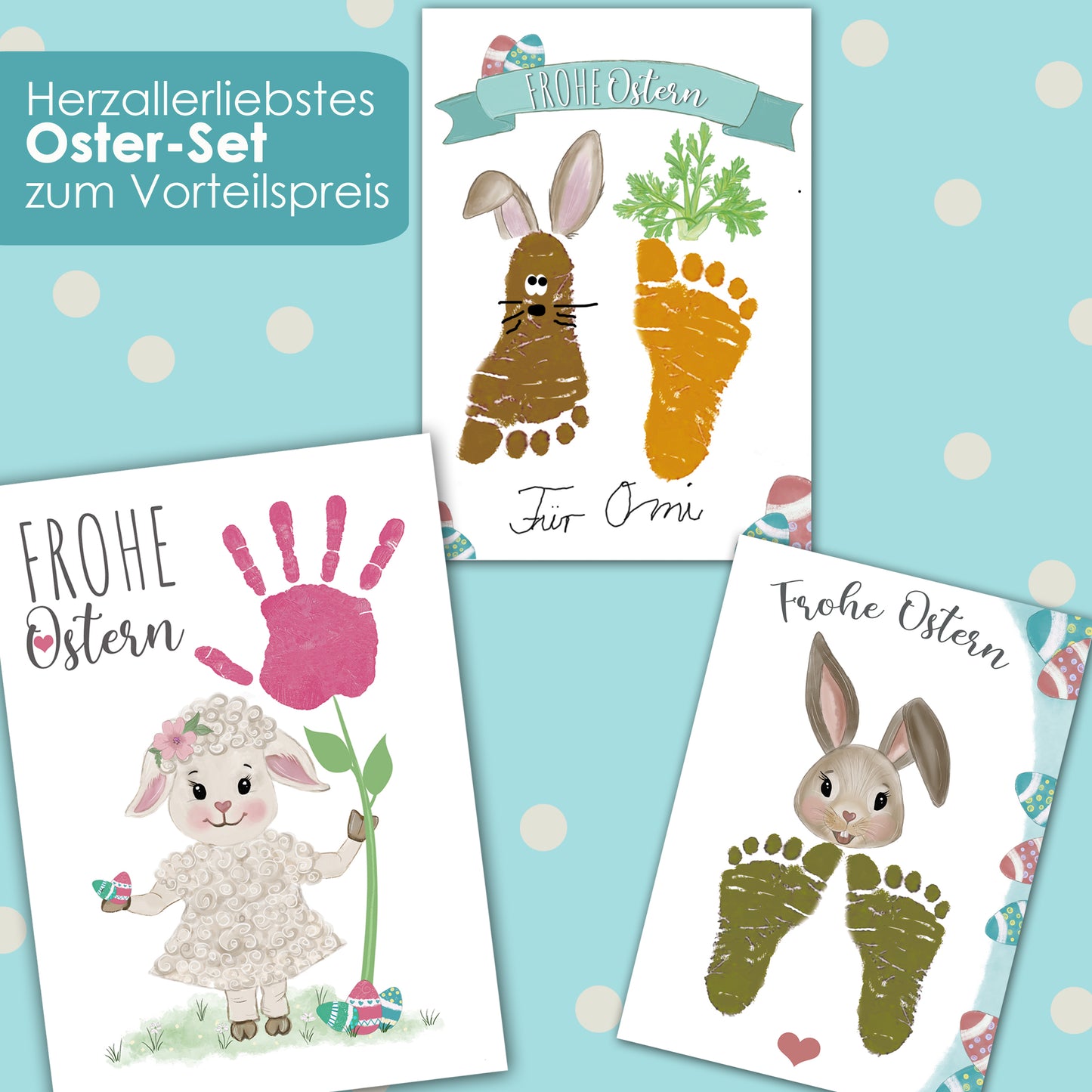 Handabdruck Fußabdruck Vorlagen Download für Ostern. Motive wie Osterhase, Osterlamm, Lamm und Karotte zum Ausdrucken auf A4 Papier
