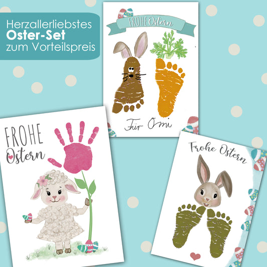 Handabdruck Fußabdruck Vorlagen Download für Ostern. Motive wie Osterhase, Osterlamm, Lamm und Karotte zum Ausdrucken auf A4 Papier