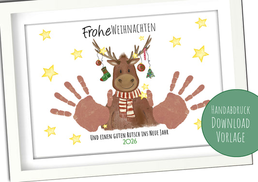 Handabdruck Vorlage Rentier zum sofort ausdrucken für Weihnachten 