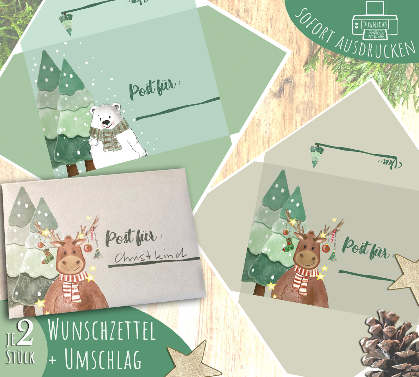 Wunschzettel + Briefumschlag zu Weihnachten, 2er Set,Digitaler Download PDF