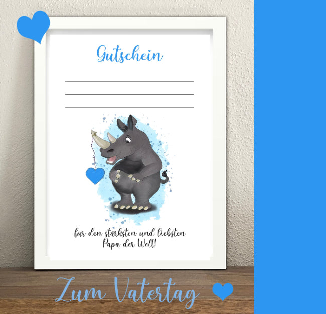 Origineller Gutschein zum Vatertag mit Nashorn, kein Nilpferd, nicht gratis oder kostenlos aber von Herzen. Handabdruck Geschenk für Papa, Vater