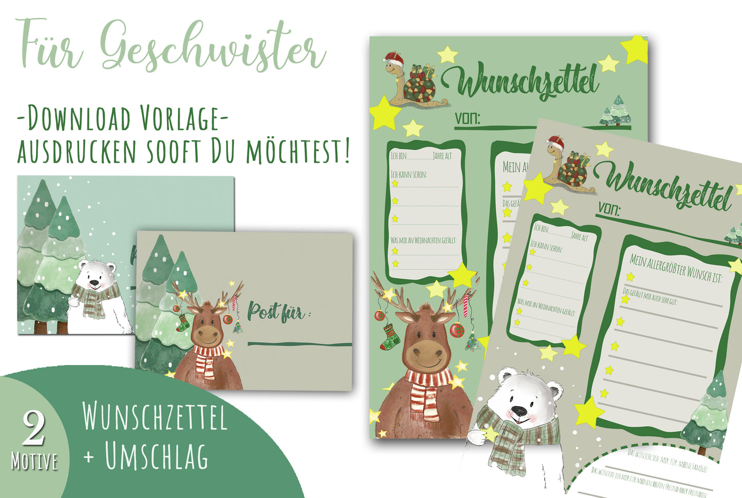Wunschzettel + Briefumschlag zu Weihnachten, 2er Set,Digitaler Download PDF