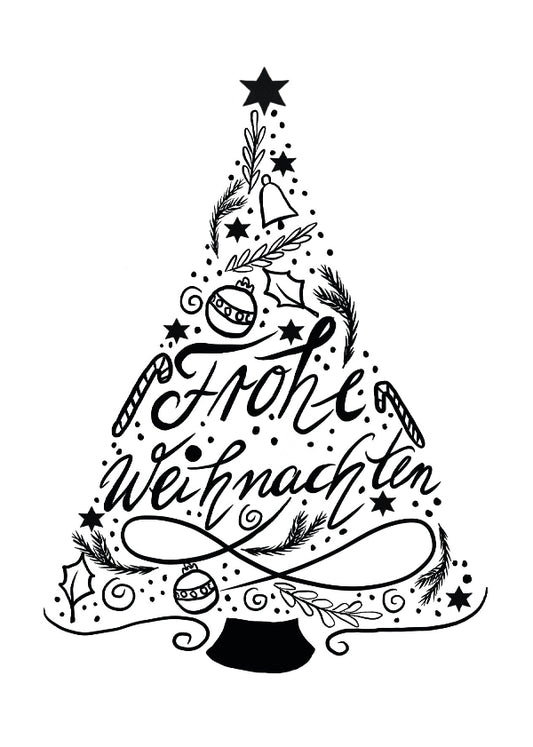 Weihnachten Grußkarte Tannenbaum Kalligraphie. Geschenkanhänger oder Postkarte für Weihnachten. Illustration Angelina Tausendschön