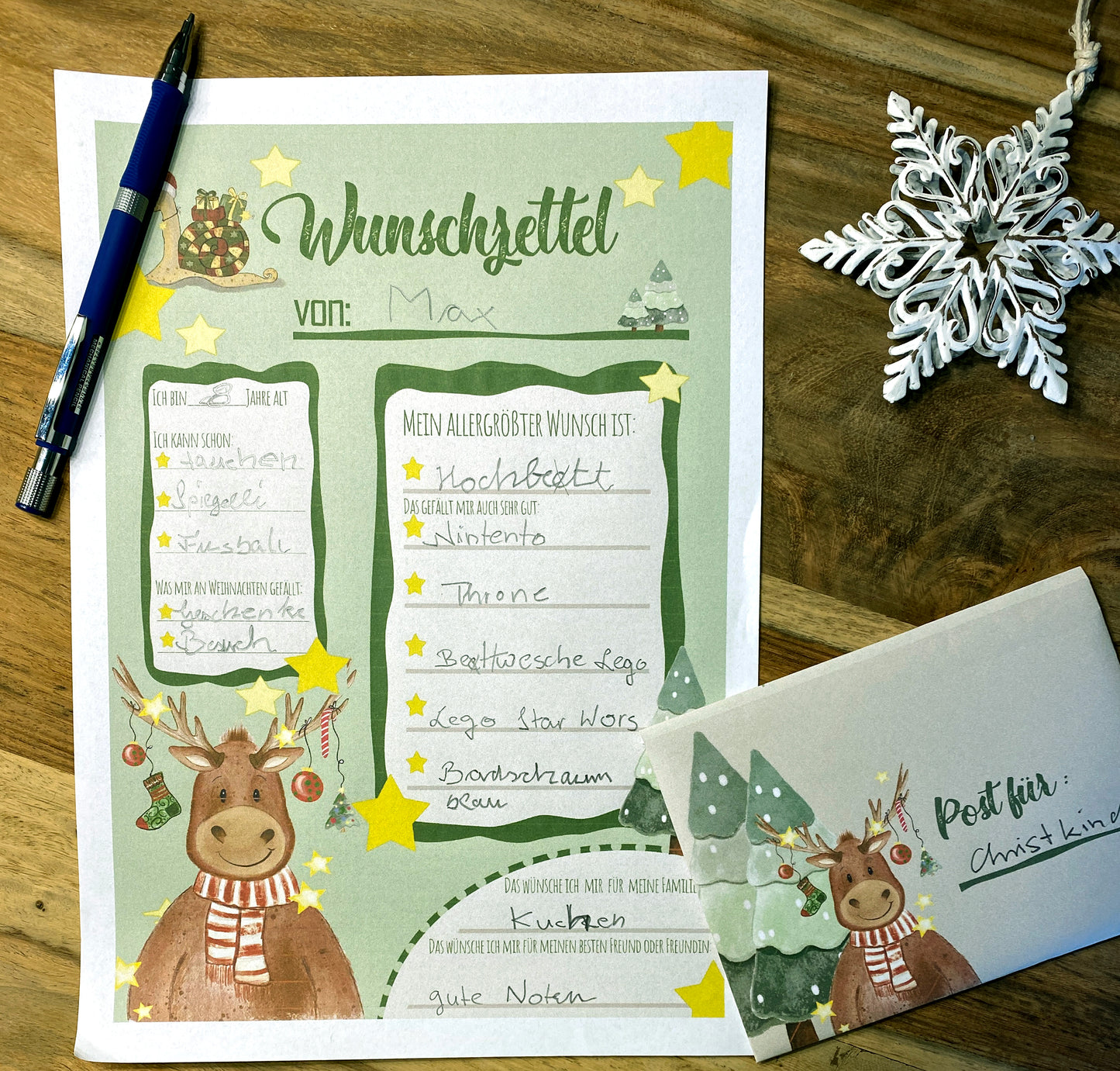 Wunschzettel + Briefumschlag zu Weihnachten, 2er Set,Digitaler Download PDF
