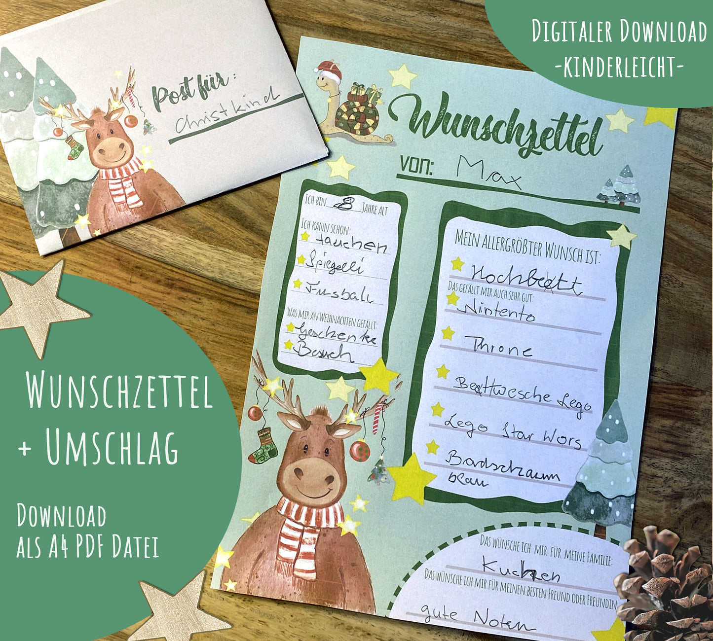 Wunschzettel + Briefumschlag zu Weihnachten, 2er Set,Digitaler Download PDF