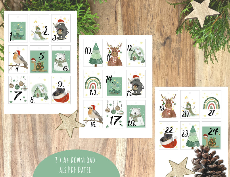 Weihnachten zahlen Adventskalender tiere grün beige rot
