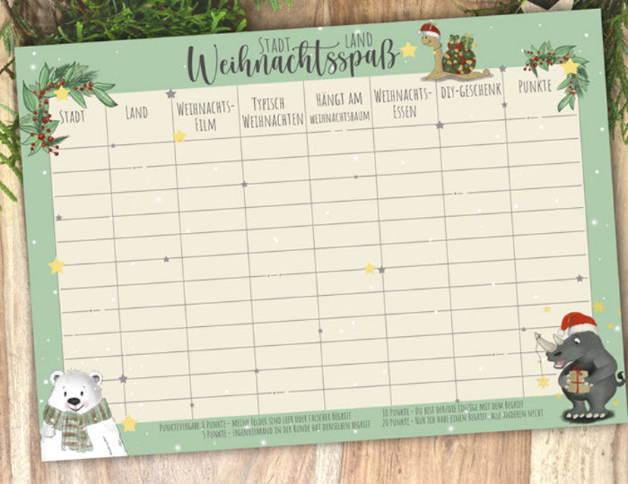 Stadt Land Fluss das bekannte Spiel für Weihnachten. Lustige Unterhaltung für die Feiertage