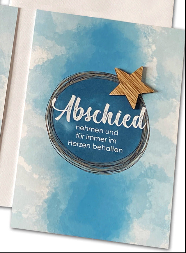 Kondolenzkarte abstrakt blau, marine, stilvoll braun mit Holz Stern und Spruch
