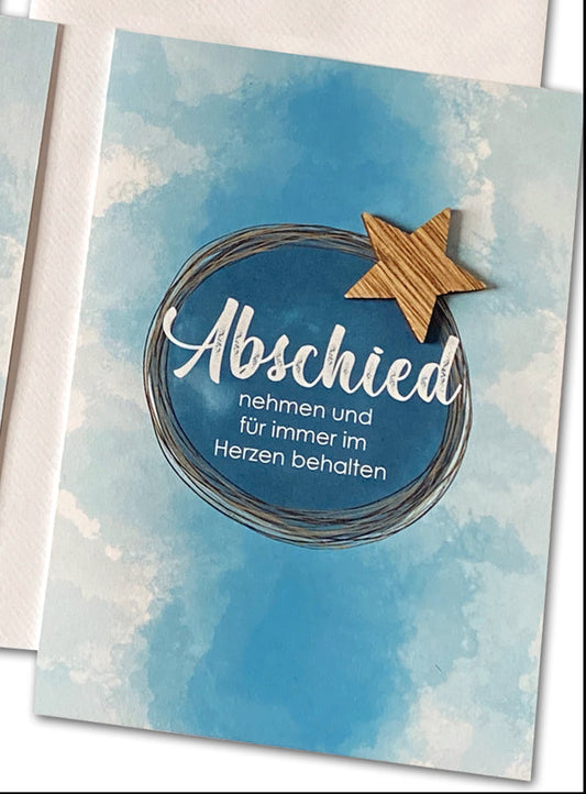 Kondolenzkarte abstrakt blau, marine, stilvoll braun mit Holz Stern und Spruch