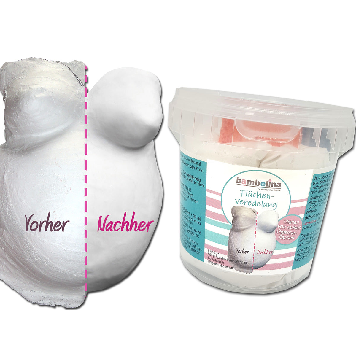 Unebenheiten von rauhen Gipsbinden ausgleichen und glätten. Gipsabdruck
vom Babybauch mit Spezial Gips Masse veredeln.