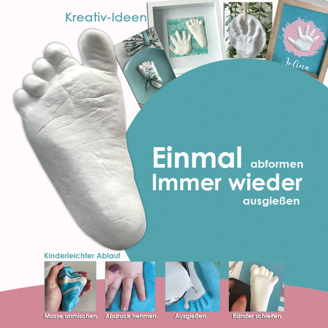 Handabdruck und Fußabddruck in 3D mit bambelina Gipsabdruck Set für Baby