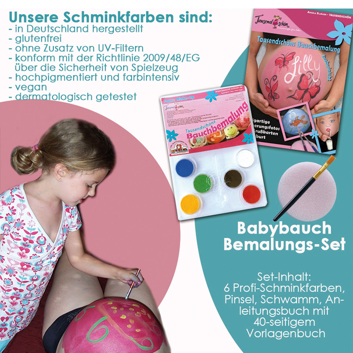 Babybauch bemalen mit Schminkfarben, Schwangerschaftsbauch schöne Leinwand für Bellypainting. Fotoshooting mit bemaltem Babybauch. Deutsche Herstellung, aus Deutschland