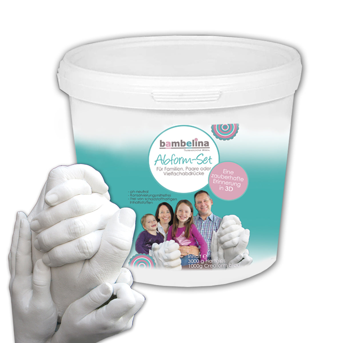 3D-Handabdruck-Set bambelina®  für Familien, Gipsabdsdruck von 2 Erwachsenen und bis zu 3 Kinderhänden