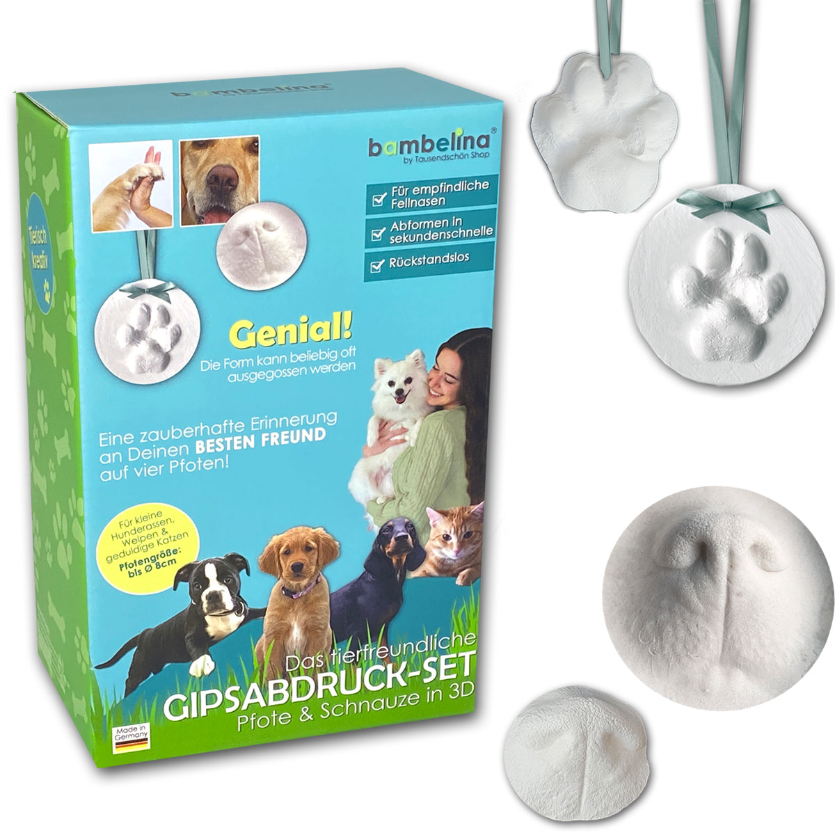 Gipsabdruck Set Hundepfote und Hundeschnauze in 3D, Abdruck Hund für Pfotengröße XS bis M, Art. 1038