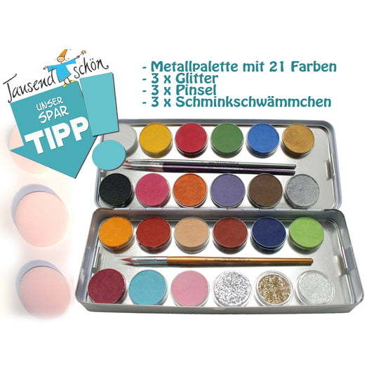 21 + 3  Eulenspiegel Schminkfarben Set,  21 Farben, 3 Glitzer, 2 Profi-Pinsel, Schwämmchen